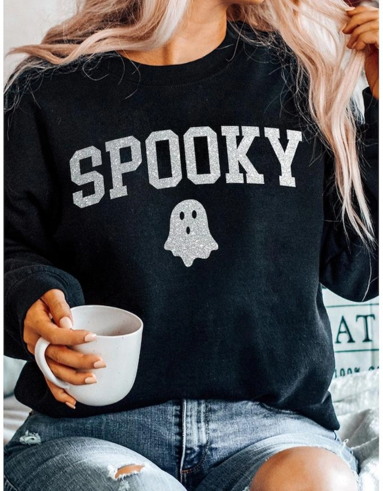 Black Glitter SPOOKY Ghost Pattern Crew Neck Halloween Sweatshirt