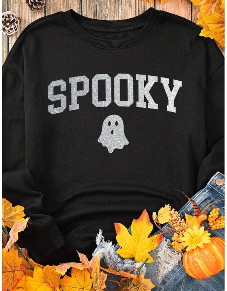 Black Glitter SPOOKY Ghost Pattern Crew Neck Halloween Sweatshirt
