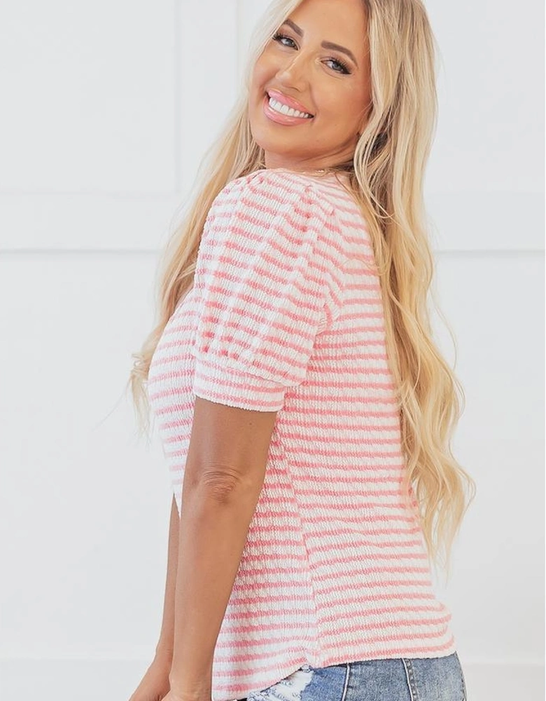 Pink Stripe Textured Puff Sleeve Crewneck Top
