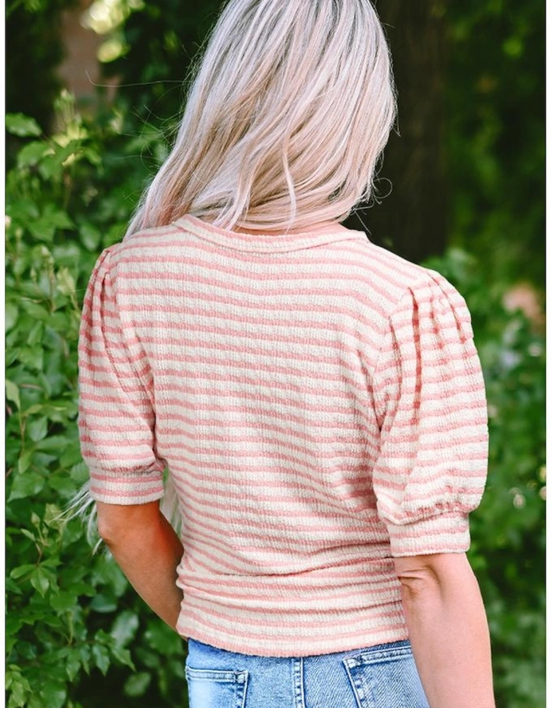 Pink Stripe Textured Puff Sleeve Crewneck Top