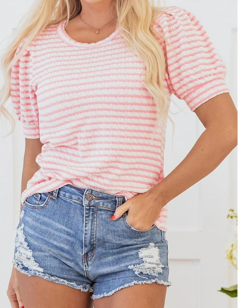 Pink Stripe Textured Puff Sleeve Crewneck Top