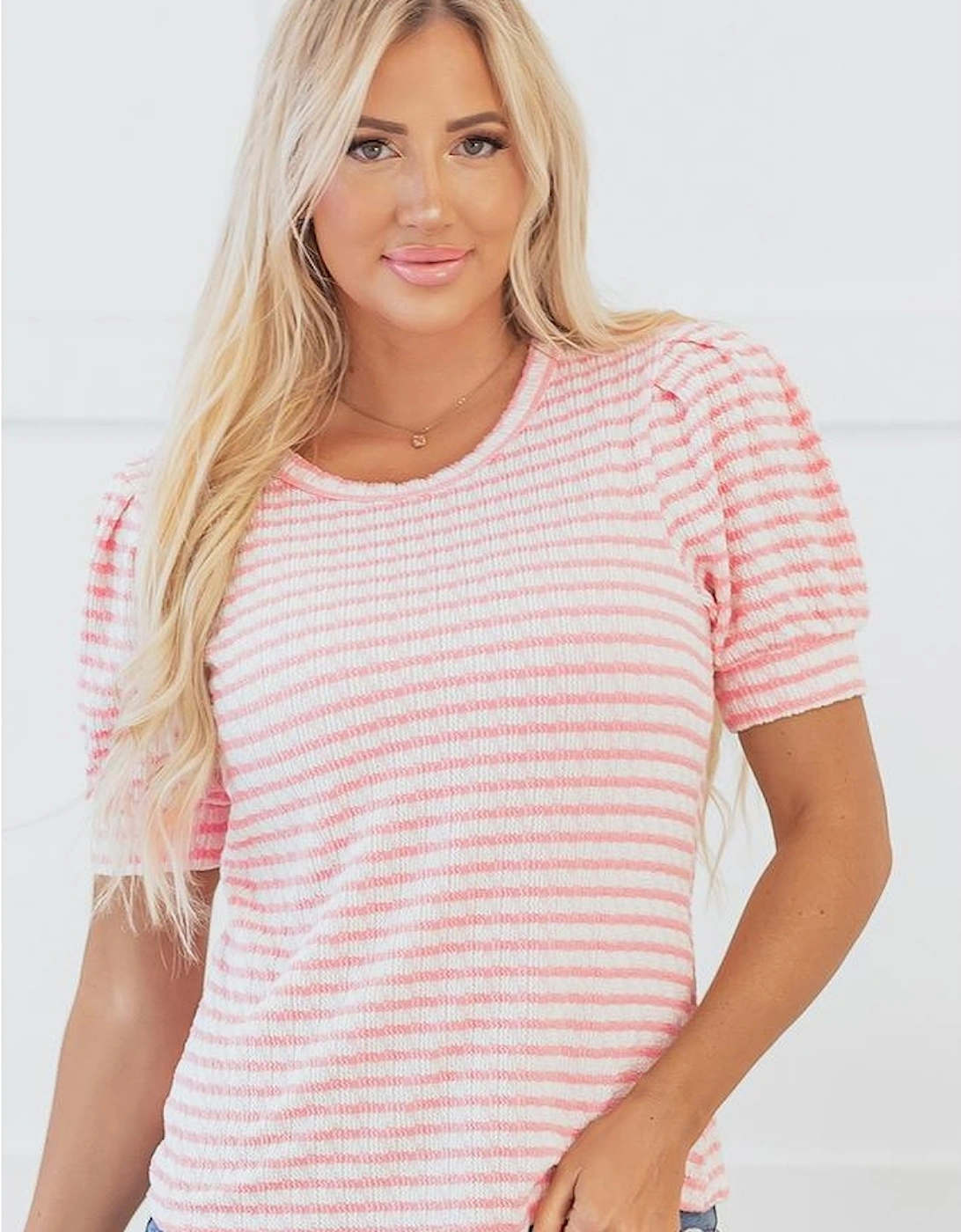 Pink Stripe Textured Puff Sleeve Crewneck Top