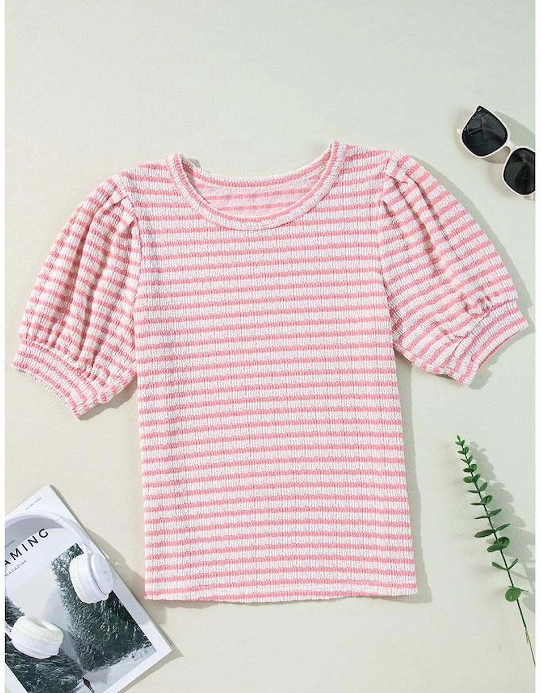 Pink Stripe Textured Puff Sleeve Crewneck Top