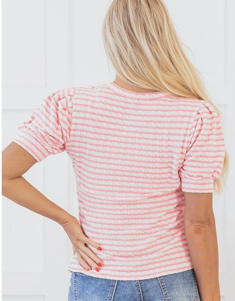 Pink Stripe Textured Puff Sleeve Crewneck Top