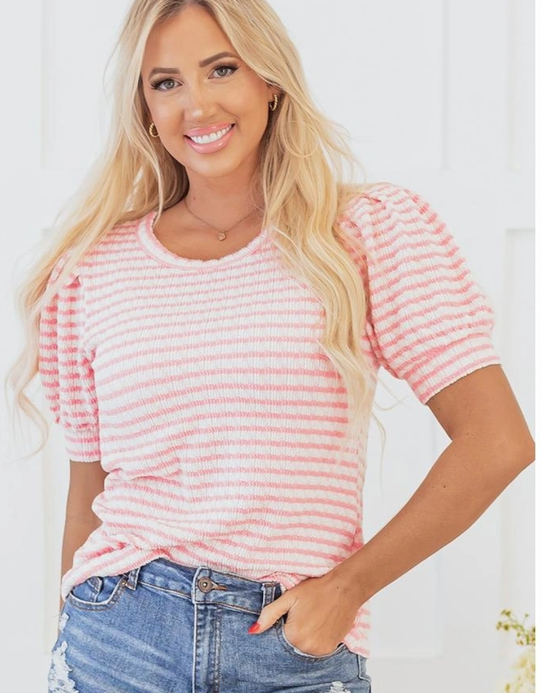Pink Stripe Textured Puff Sleeve Crewneck Top