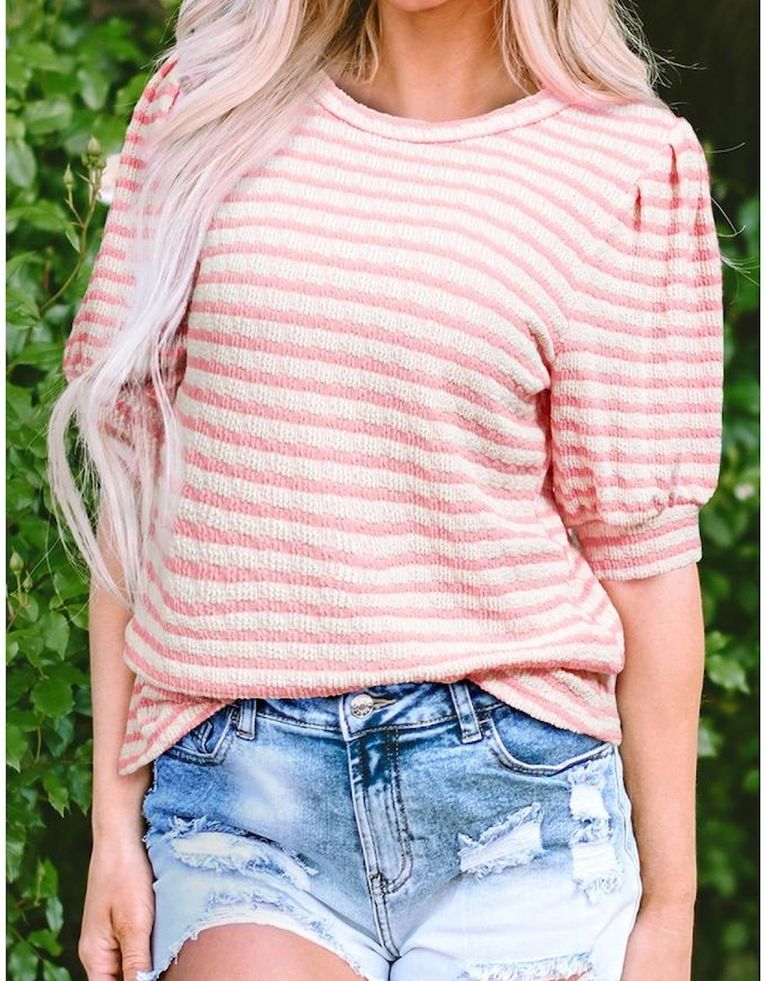 Pink Stripe Textured Puff Sleeve Crewneck Top