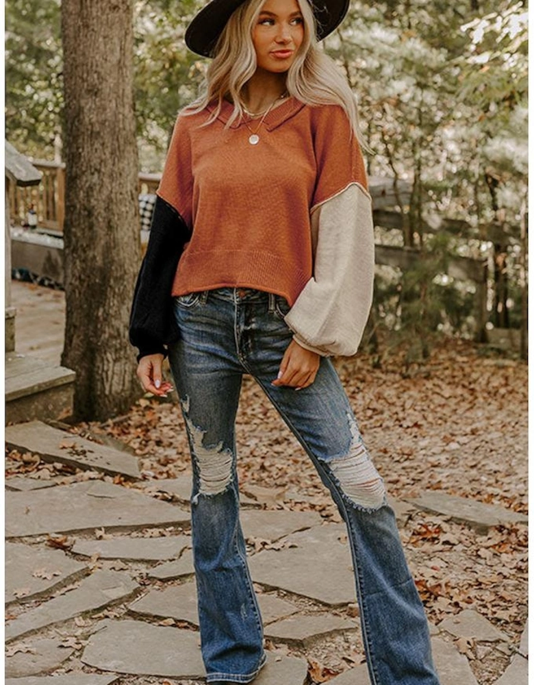 Desert Gold Colorblock Raw Edge Bubble Sleeve V Neck Sweater