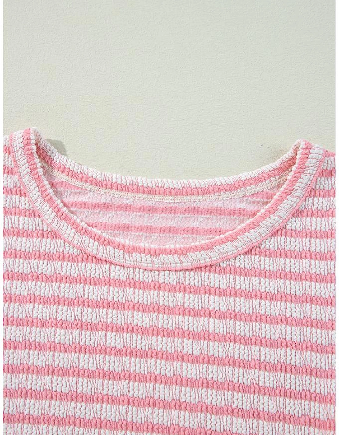 Pink Stripe Textured Puff Sleeve Crewneck Top