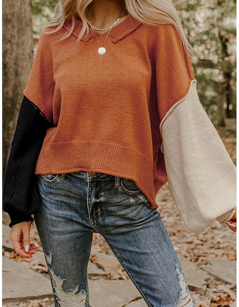 Desert Gold Colorblock Raw Edge Bubble Sleeve V Neck Sweater