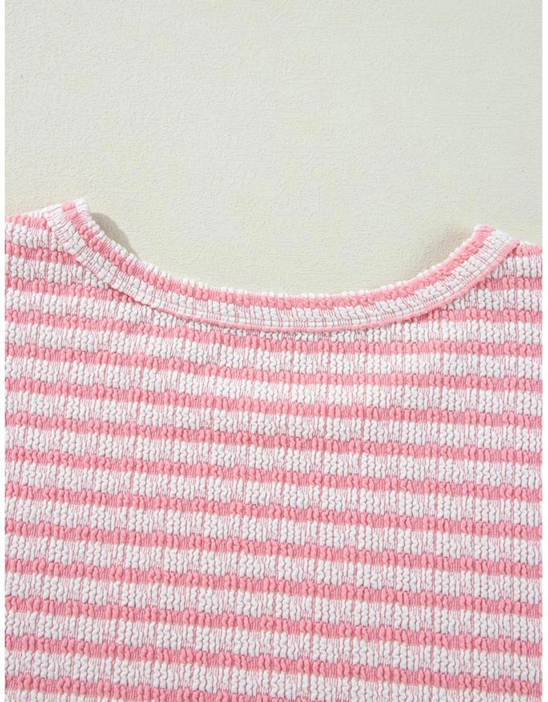 Pink Stripe Textured Puff Sleeve Crewneck Top