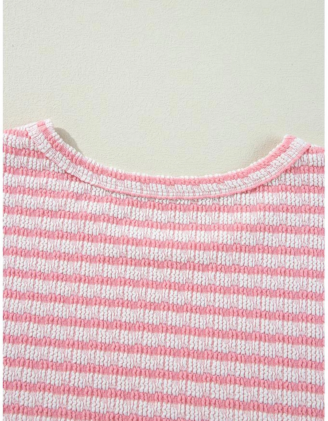 Pink Stripe Textured Puff Sleeve Crewneck Top