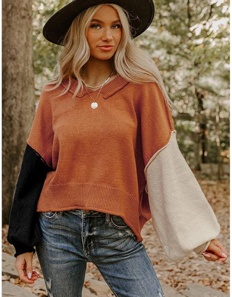 Desert Gold Colorblock Raw Edge Bubble Sleeve V Neck Sweater