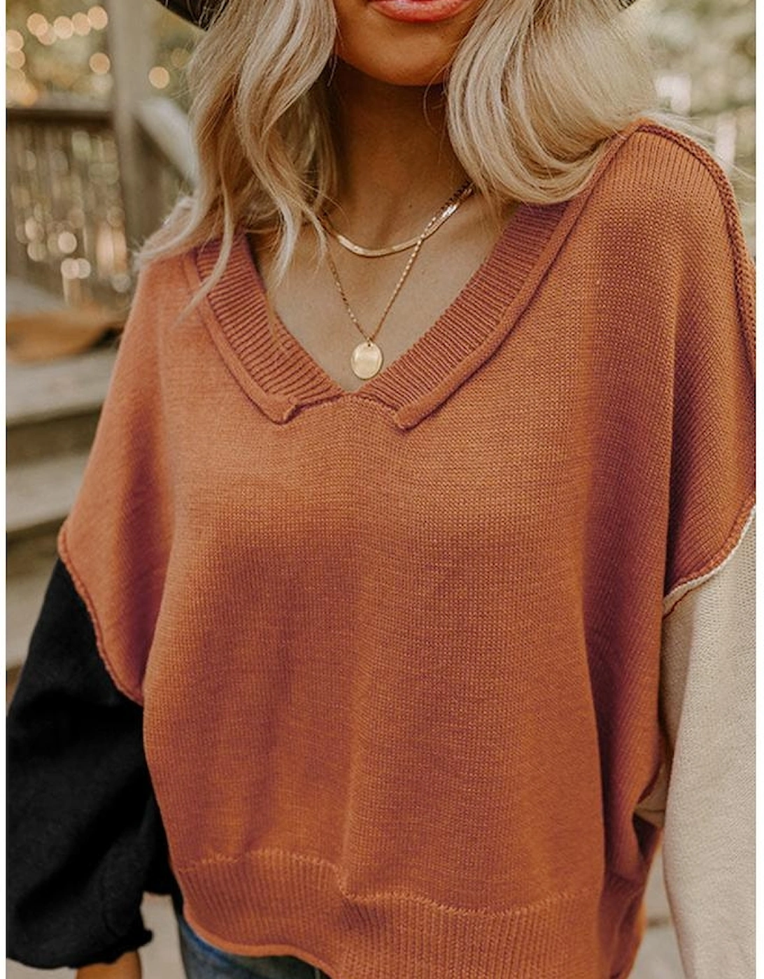 Desert Gold Colorblock Raw Edge Bubble Sleeve V Neck Sweater