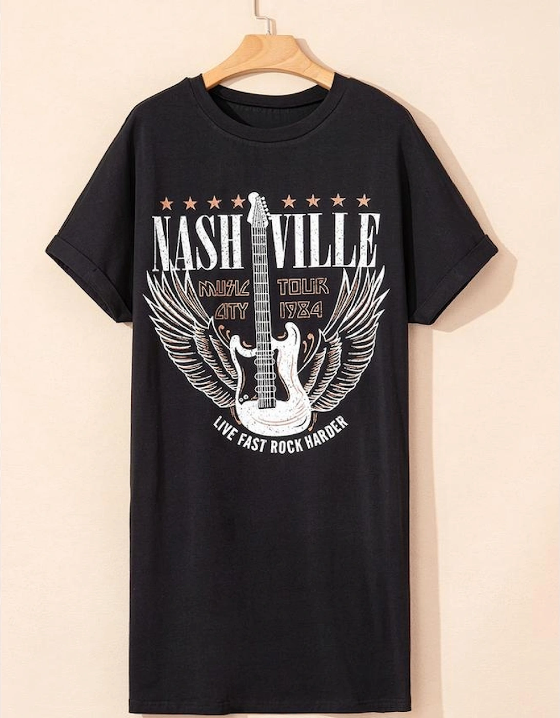 Black Nashville Guitar Print Crew Neck T Shirt Mini Dress