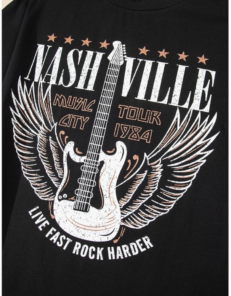 Black Nashville Guitar Print Crew Neck T Shirt Mini Dress