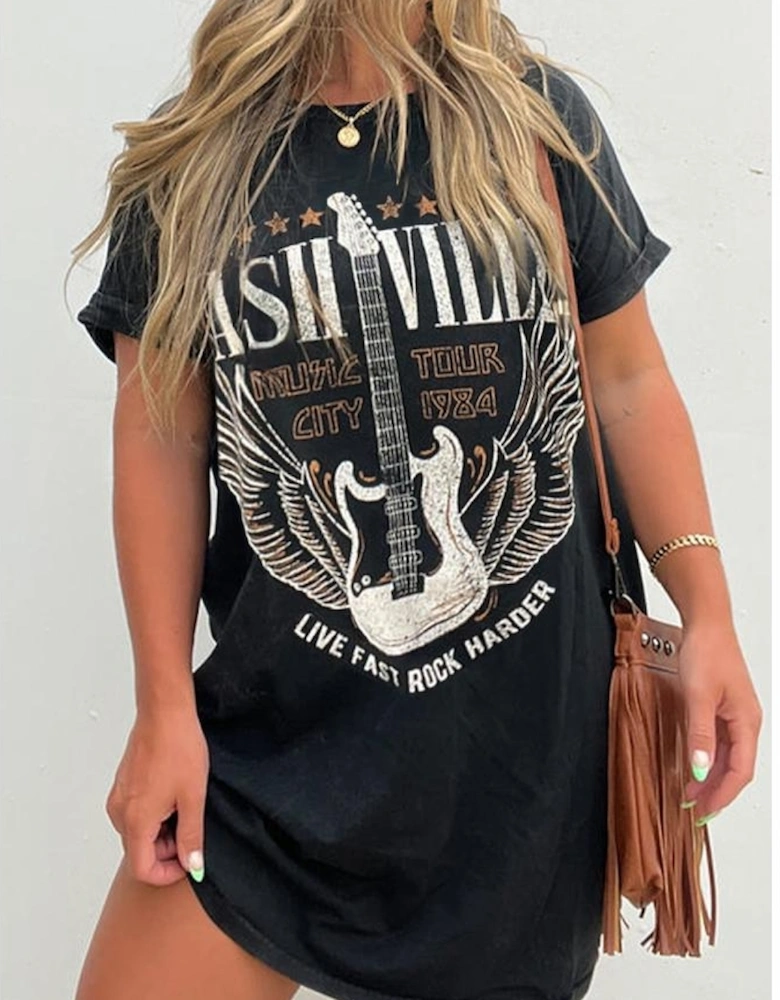 Black Nashville Guitar Print Crew Neck T Shirt Mini Dress