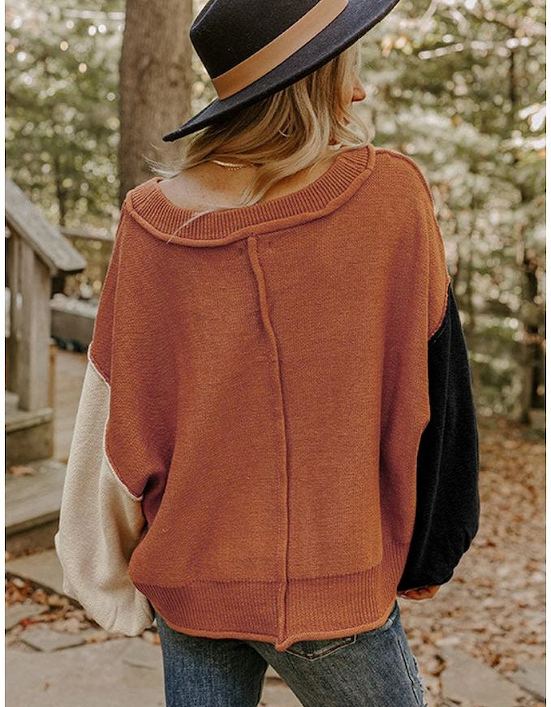 Desert Gold Colorblock Raw Edge Bubble Sleeve V Neck Sweater, 6 of 5