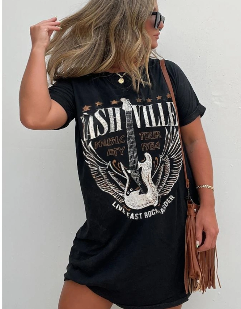 Black Nashville Guitar Print Crew Neck T Shirt Mini Dress