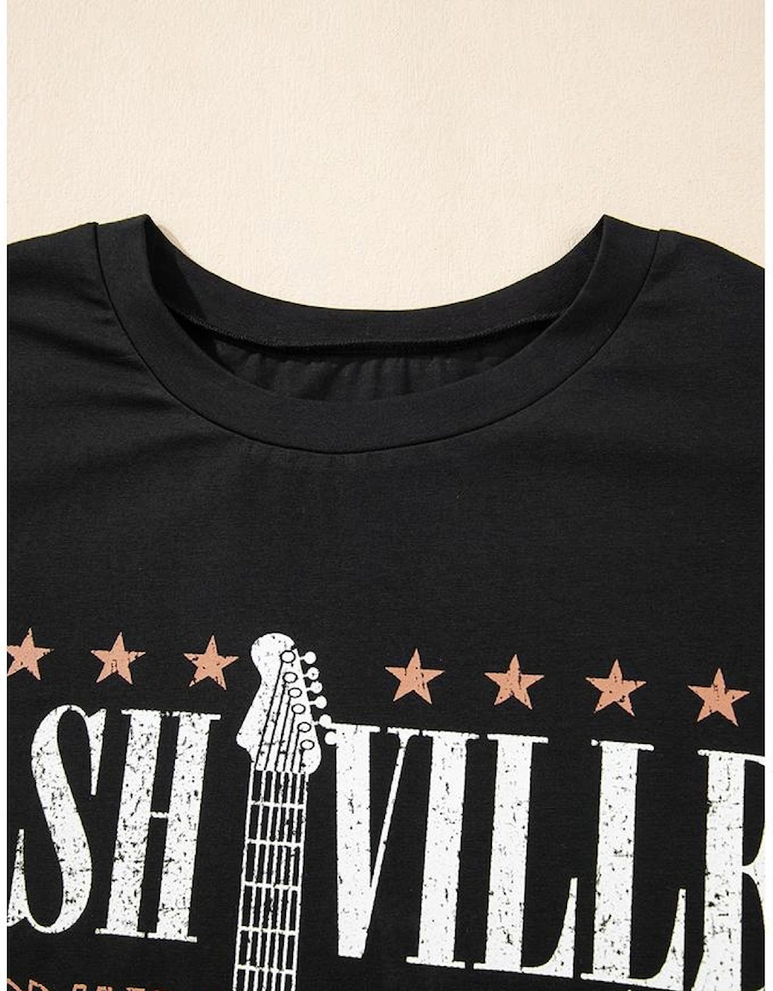 Black Nashville Guitar Print Crew Neck T Shirt Mini Dress
