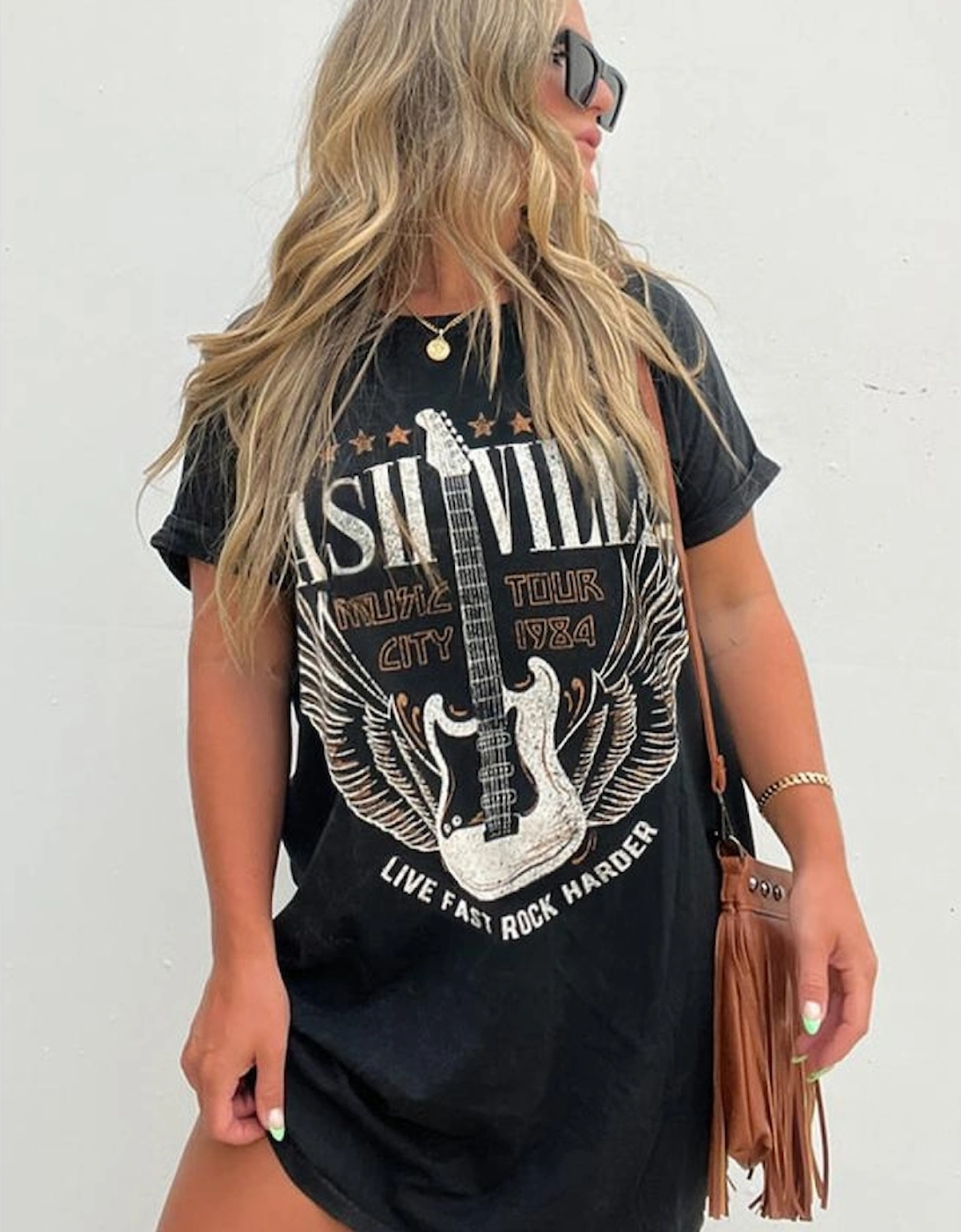 Black Nashville Guitar Print Crew Neck T Shirt Mini Dress