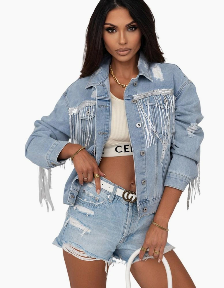 Sky Blue Sequin Embellished Fringe Distressed Denim Jacket