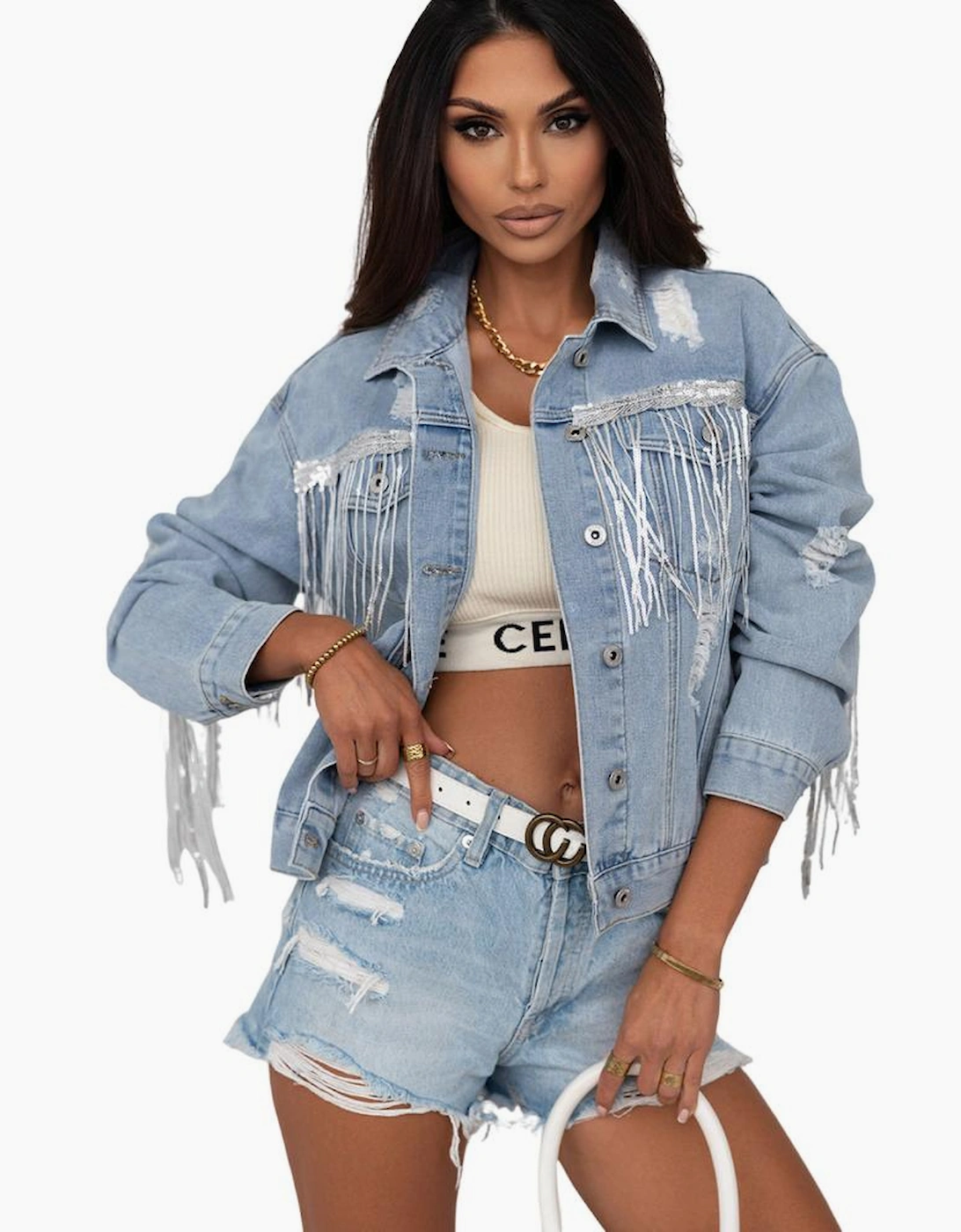 Sky Blue Sequin Embellished Fringe Distressed Denim Jacket