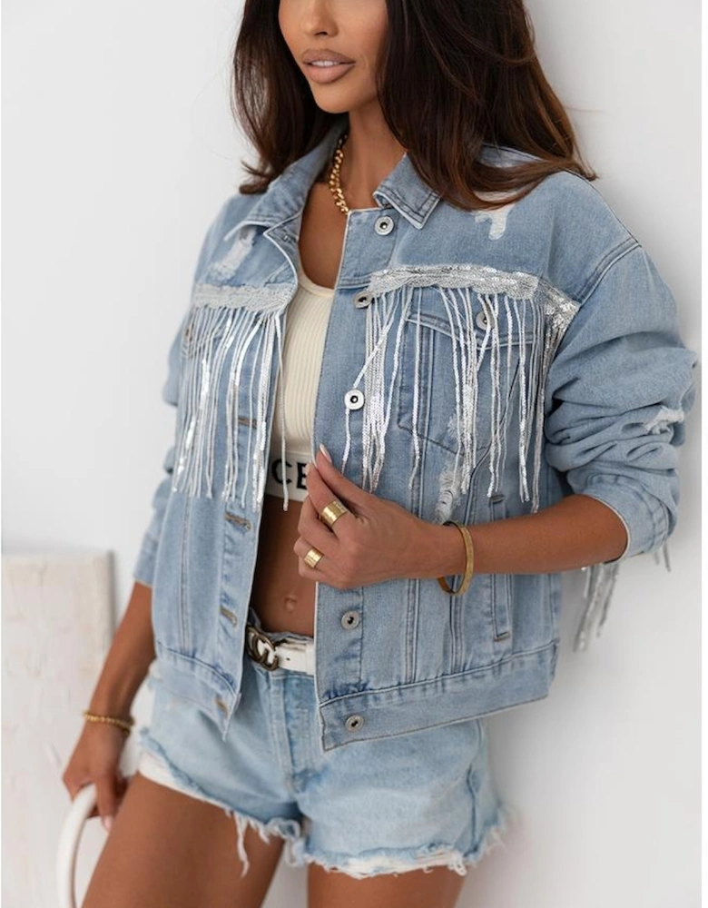 Sky Blue Sequin Embellished Fringe Distressed Denim Jacket