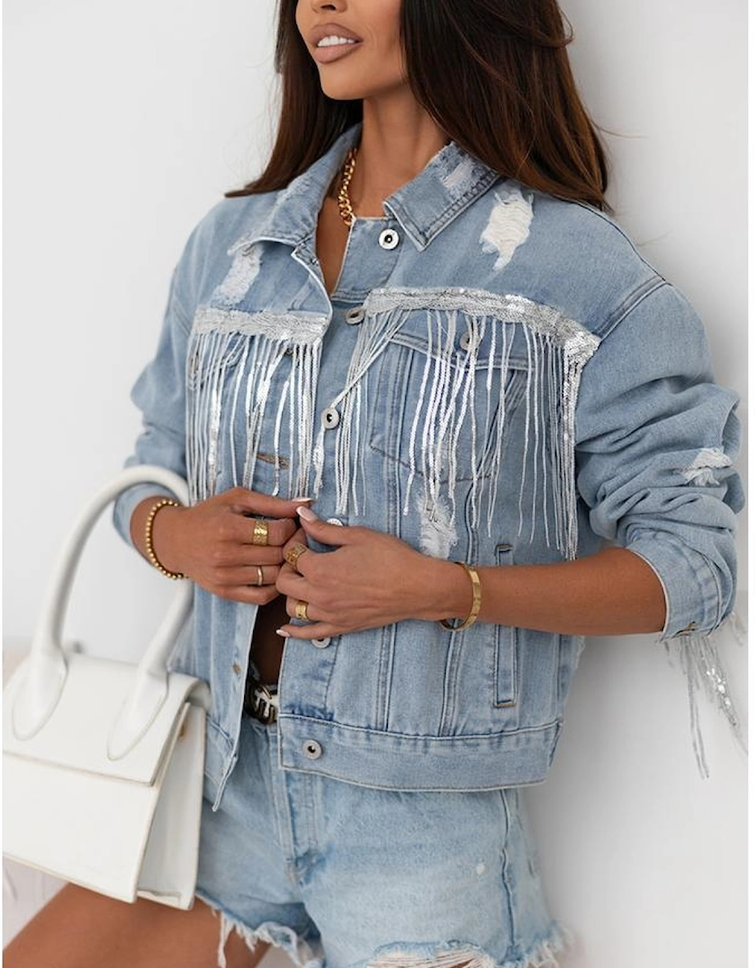 Sky Blue Sequin Embellished Fringe Distressed Denim Jacket