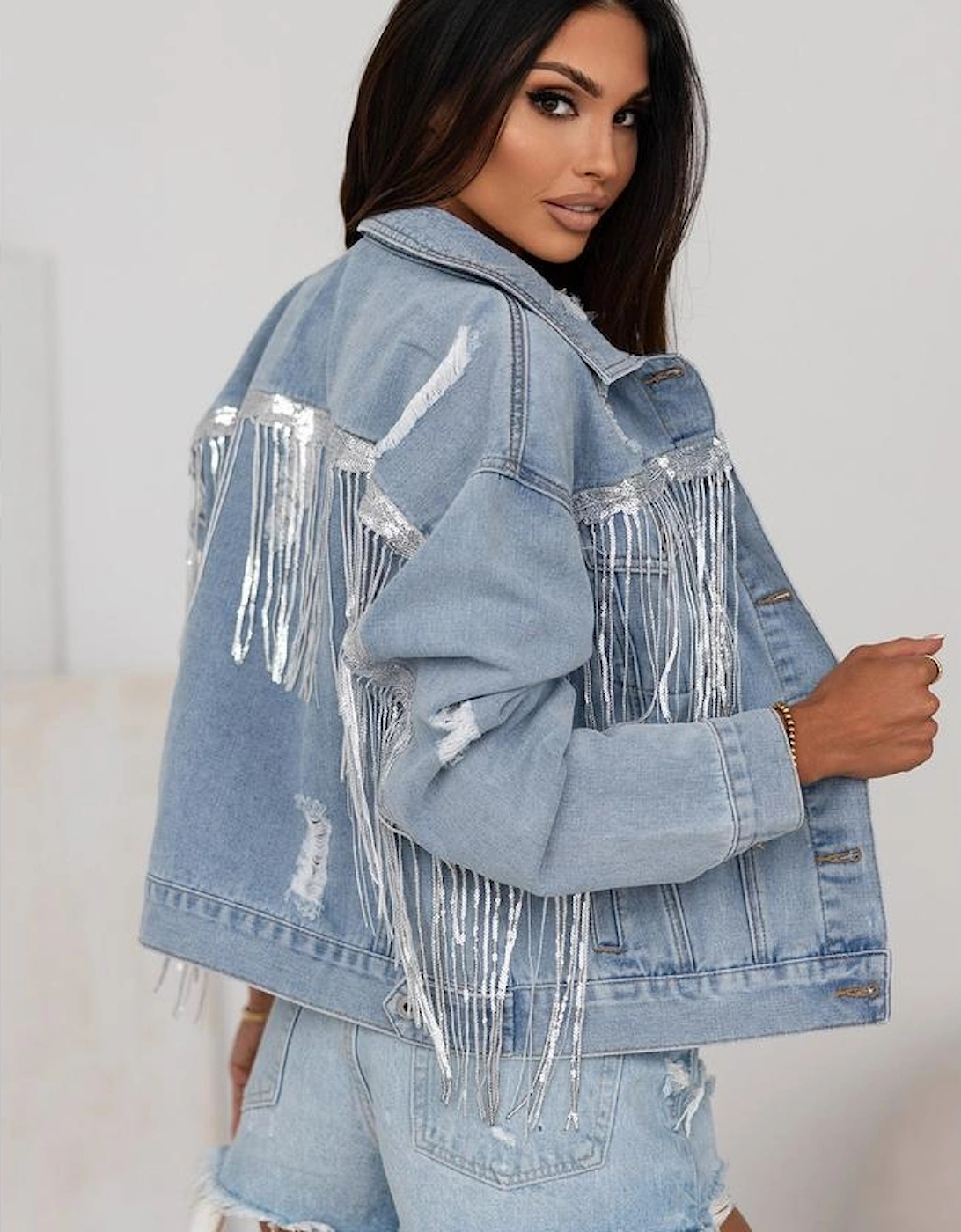 Sky Blue Sequin Embellished Fringe Distressed Denim Jacket