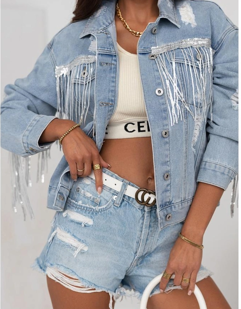 Sky Blue Sequin Embellished Fringe Distressed Denim Jacket