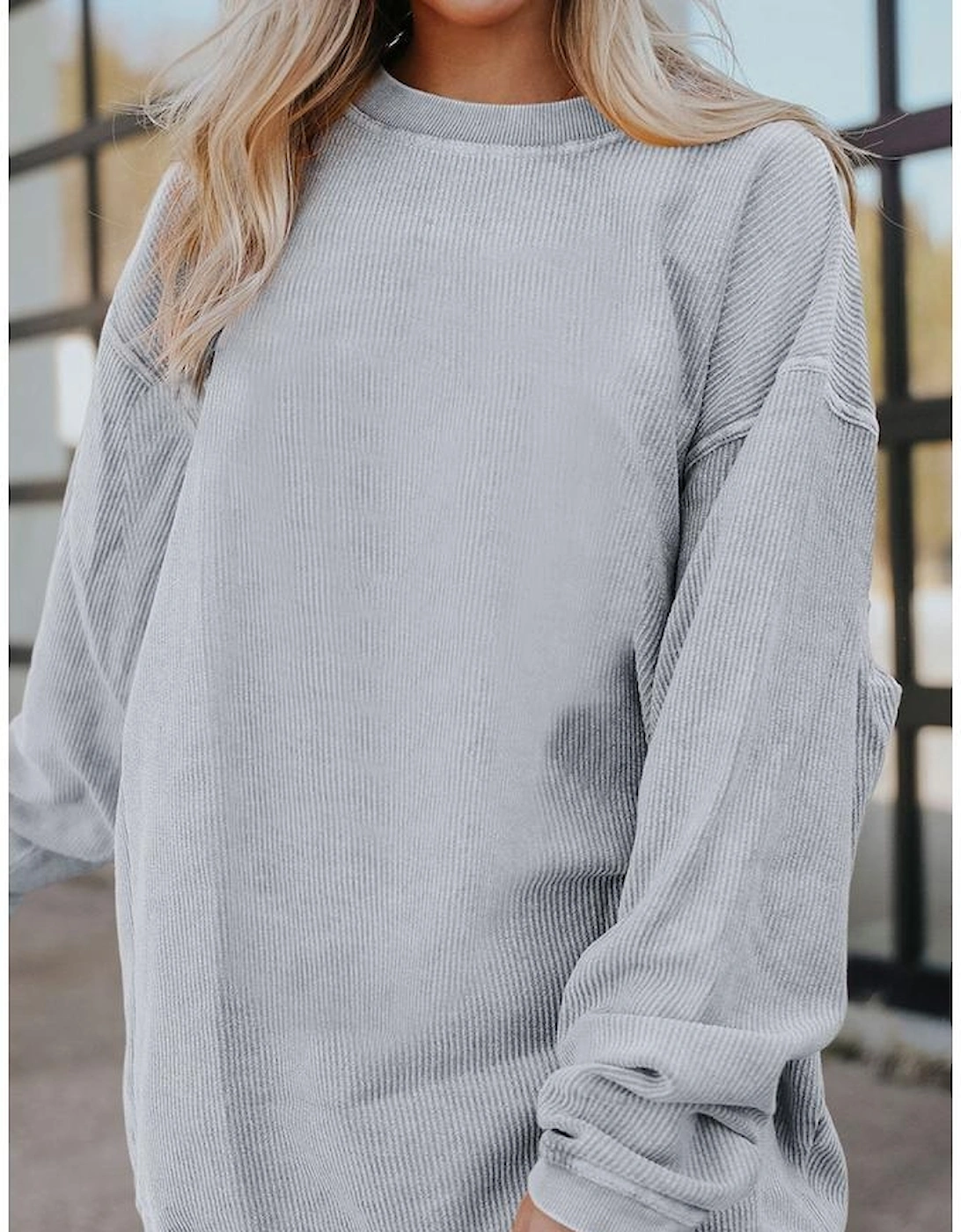 Light Grey Ribbed Corded Oversized Sweatshirt, 7 of 6