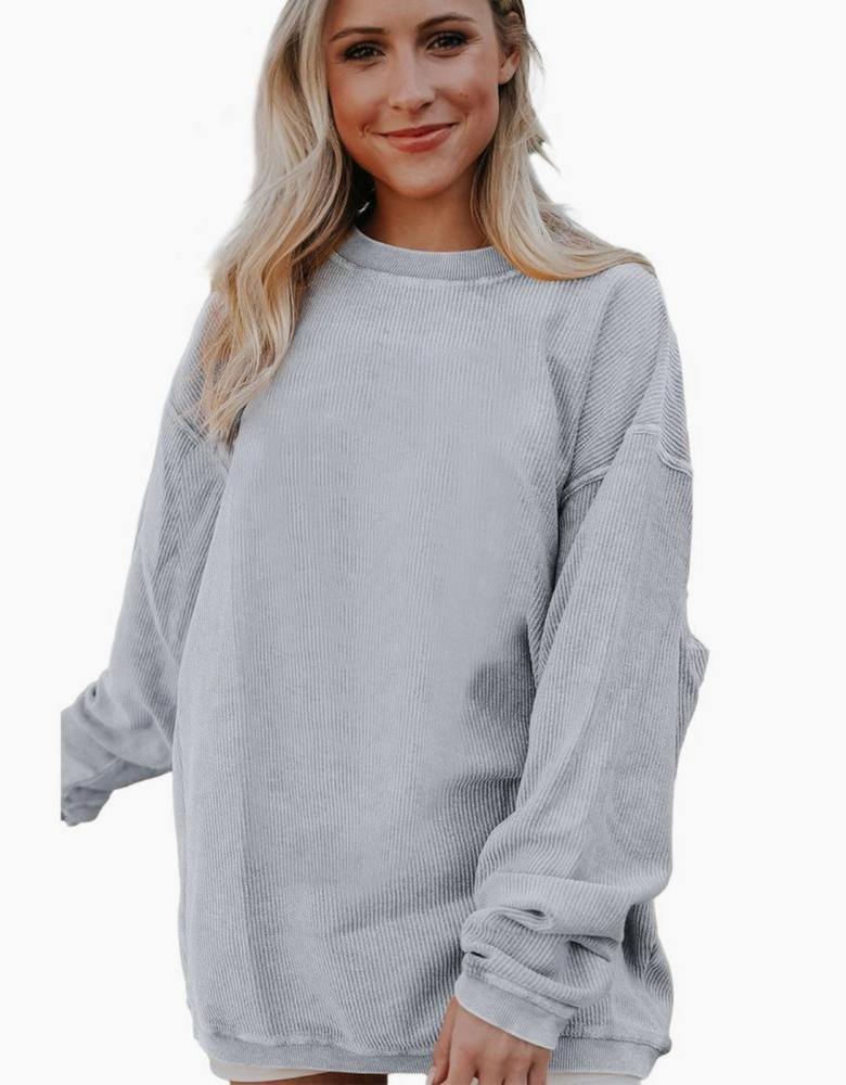 Light Grey Ribbed Corded Oversized Sweatshirt