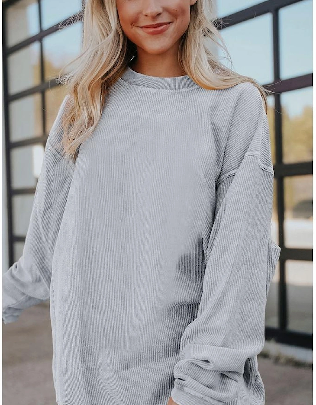 Light Grey Ribbed Corded Oversized Sweatshirt