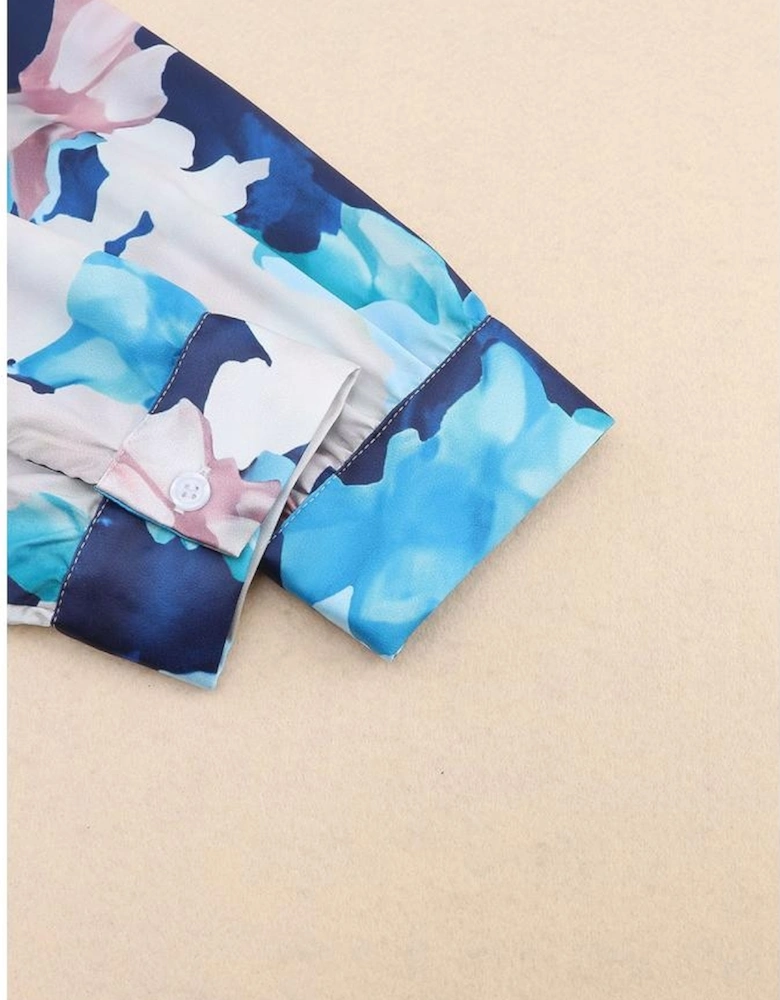 Blue Abstract Floral Long Sleeve Tied Ruffle Dress