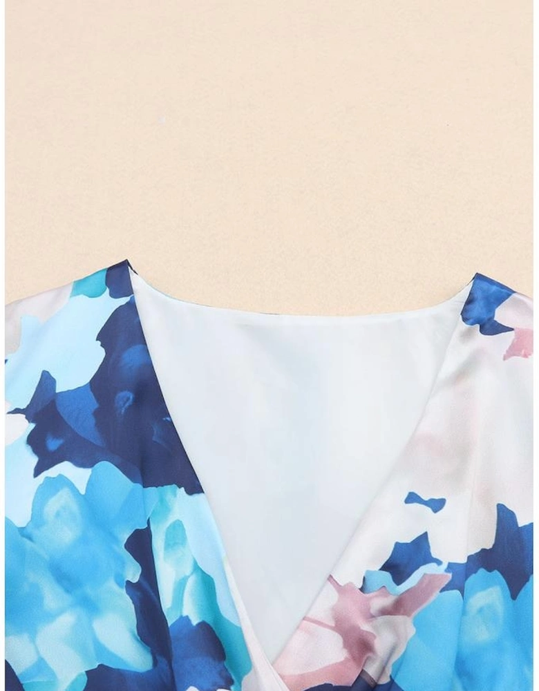 Blue Abstract Floral Long Sleeve Tied Ruffle Dress