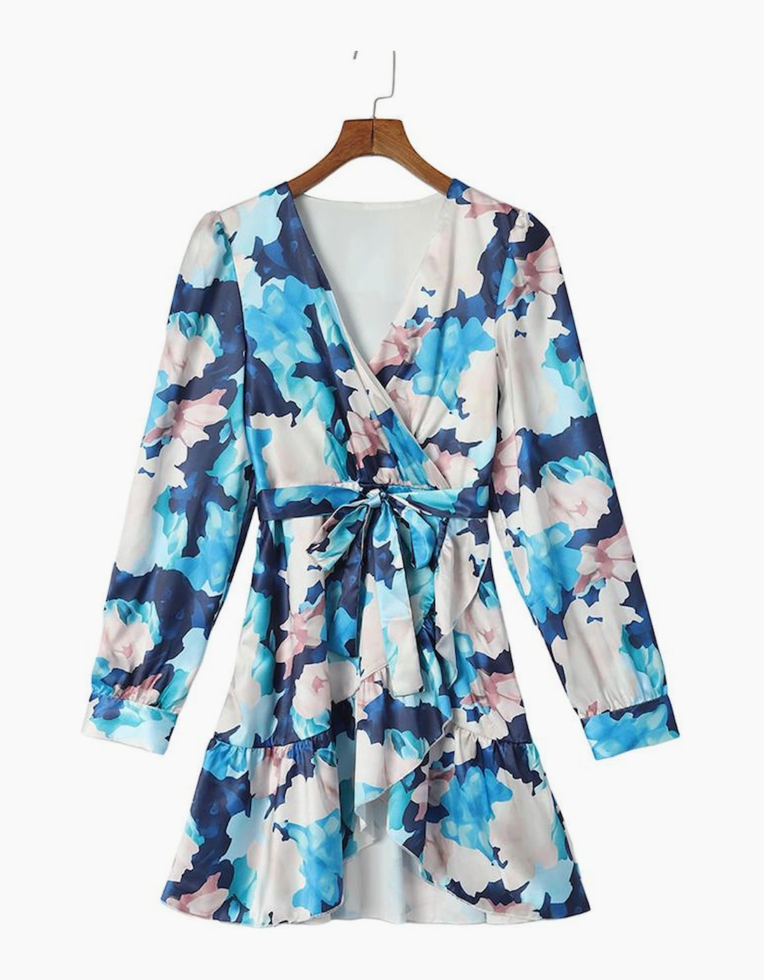 Blue Abstract Floral Long Sleeve Tied Ruffle Dress