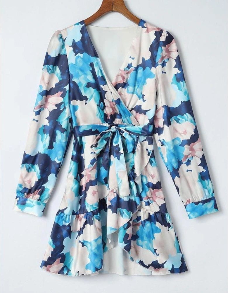 Blue Abstract Floral Long Sleeve Tied Ruffle Dress