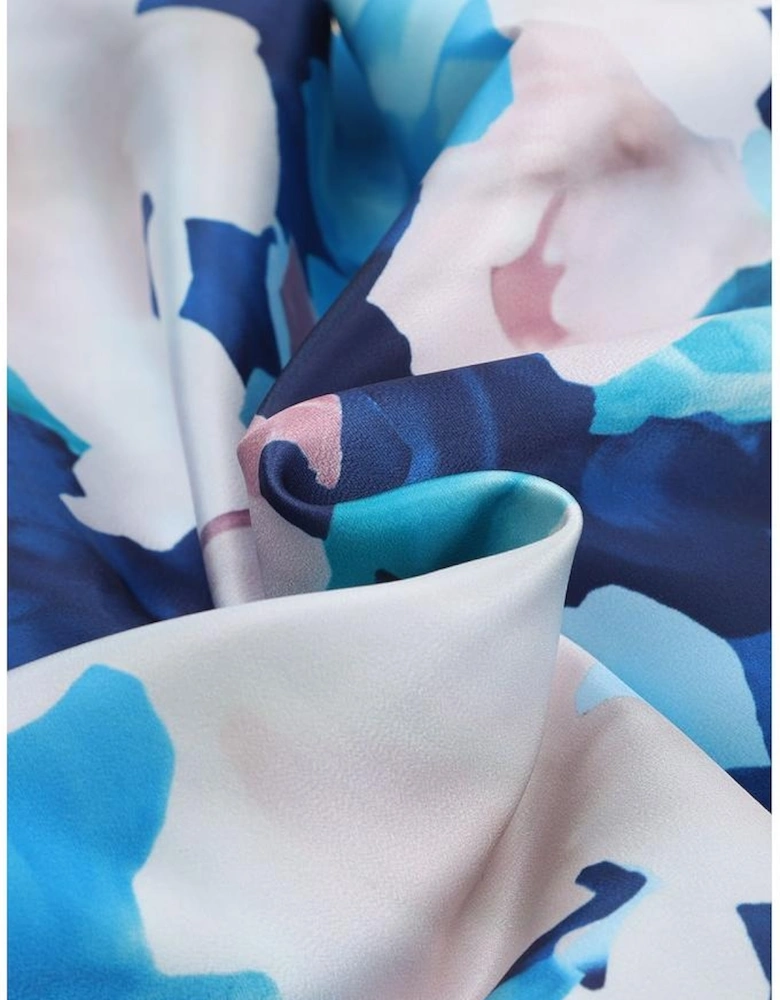 Blue Abstract Floral Long Sleeve Tied Ruffle Dress