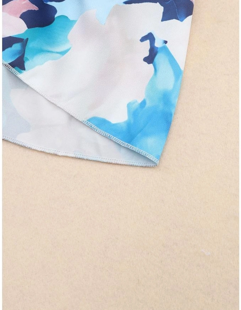 Blue Abstract Floral Long Sleeve Tied Ruffle Dress