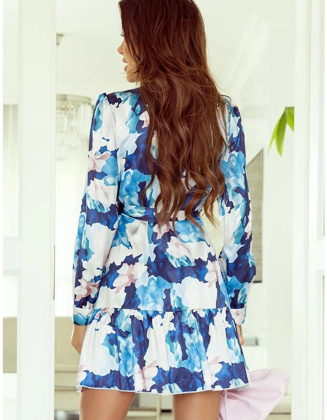 Blue Abstract Floral Long Sleeve Tied Ruffle Dress