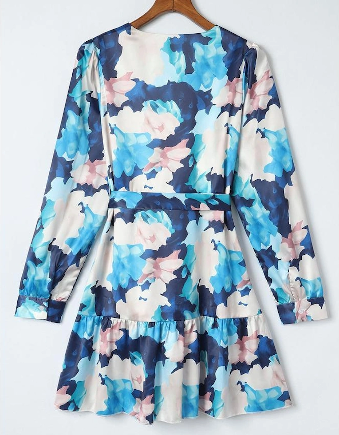 Blue Abstract Floral Long Sleeve Tied Ruffle Dress