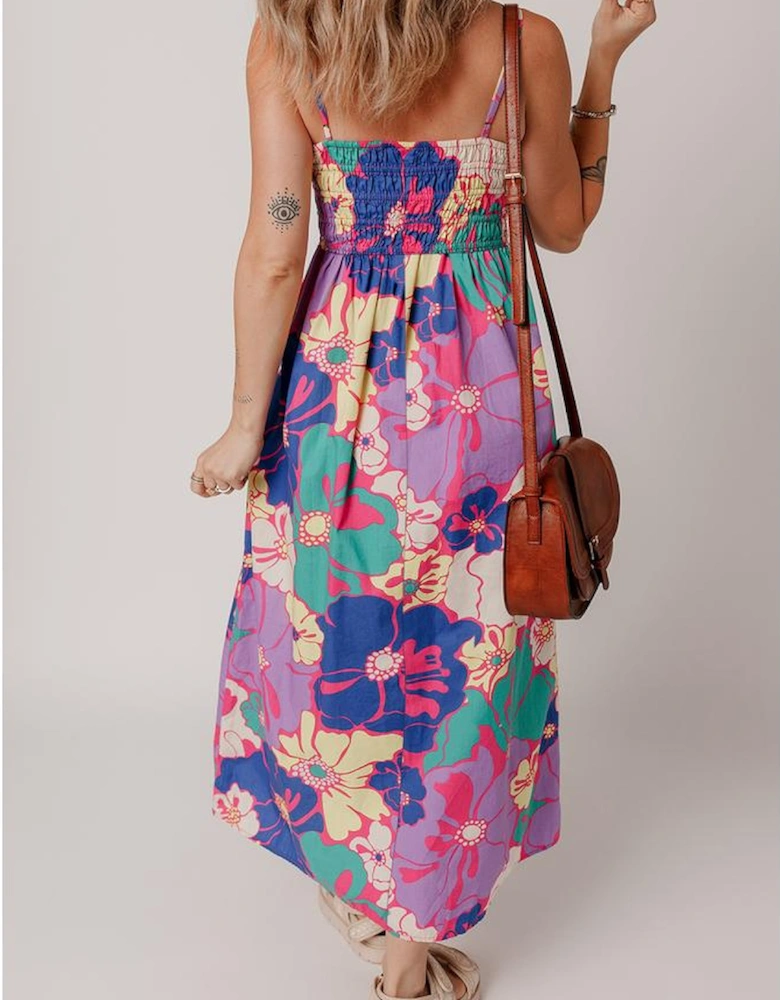 Purple Floral Print Shirred Spaghetti Strap Loose Maxi Dress
