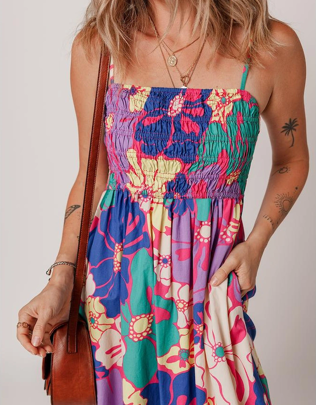 Purple Floral Print Shirred Spaghetti Strap Loose Maxi Dress