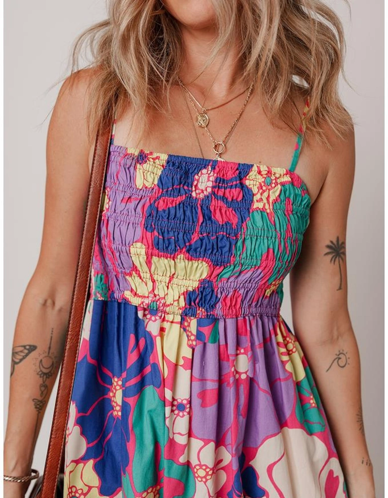 Purple Floral Print Shirred Spaghetti Strap Loose Maxi Dress