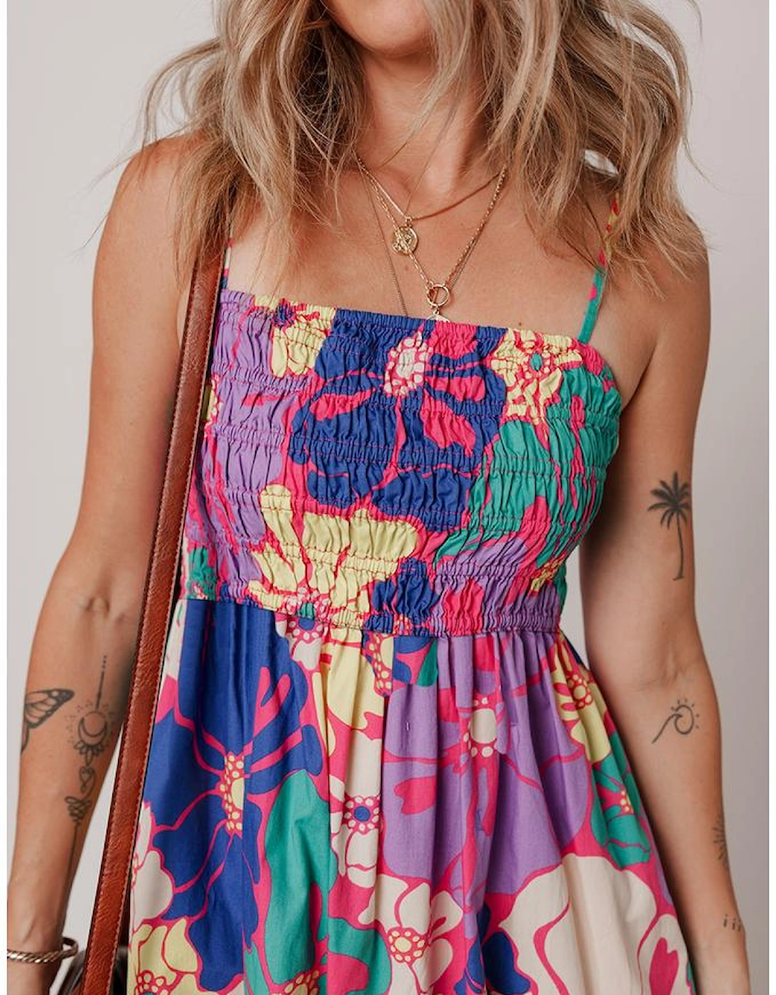 Purple Floral Print Shirred Spaghetti Strap Loose Maxi Dress