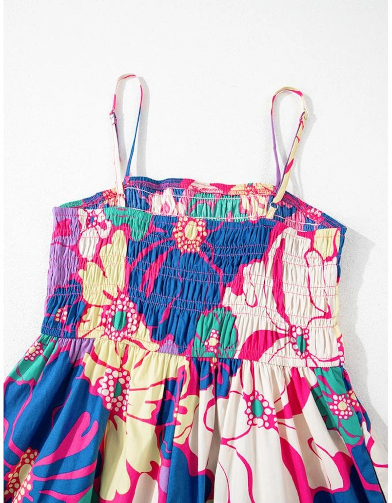 Purple Floral Print Shirred Spaghetti Strap Loose Maxi Dress