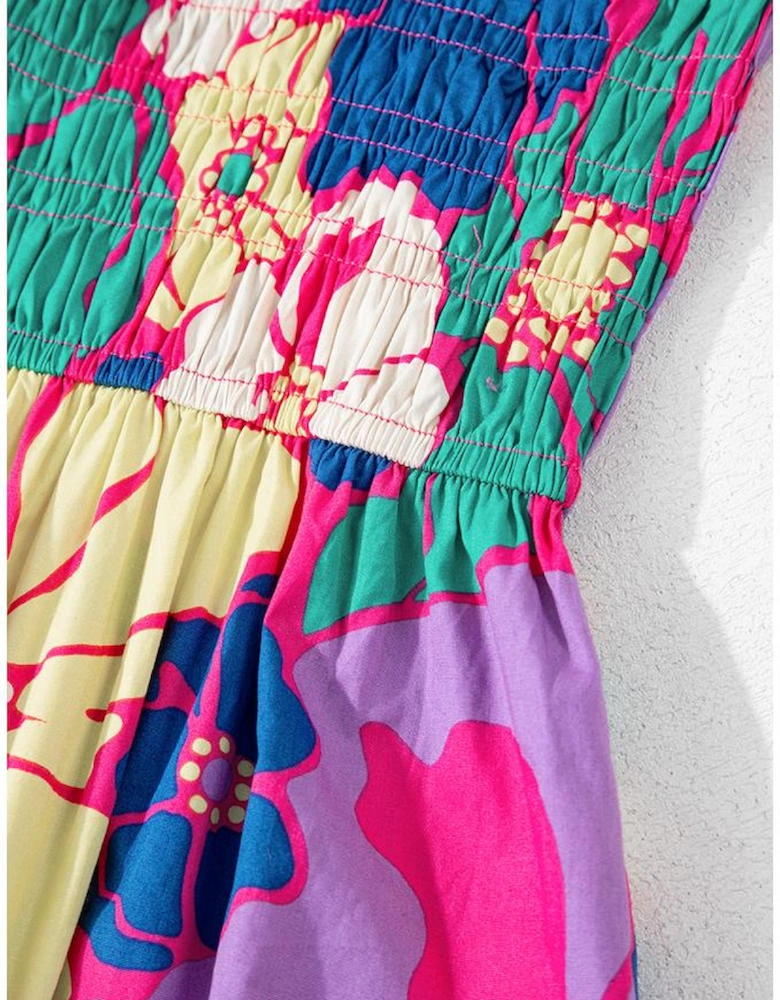 Purple Floral Print Shirred Spaghetti Strap Loose Maxi Dress