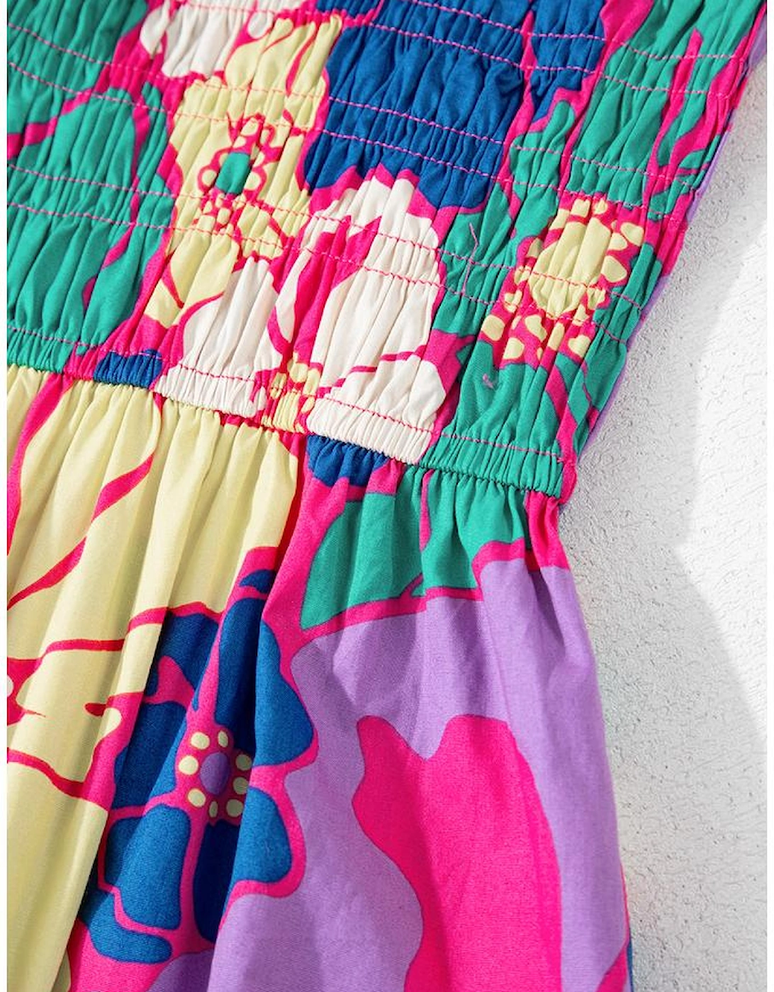 Purple Floral Print Shirred Spaghetti Strap Loose Maxi Dress