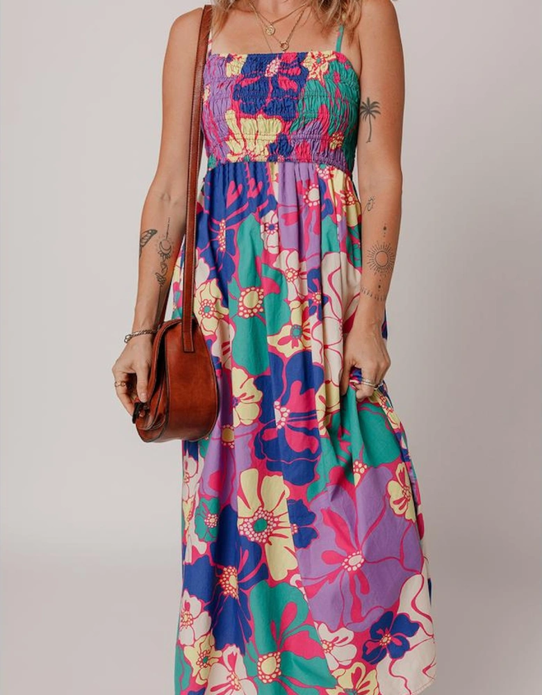 Purple Floral Print Shirred Spaghetti Strap Loose Maxi Dress