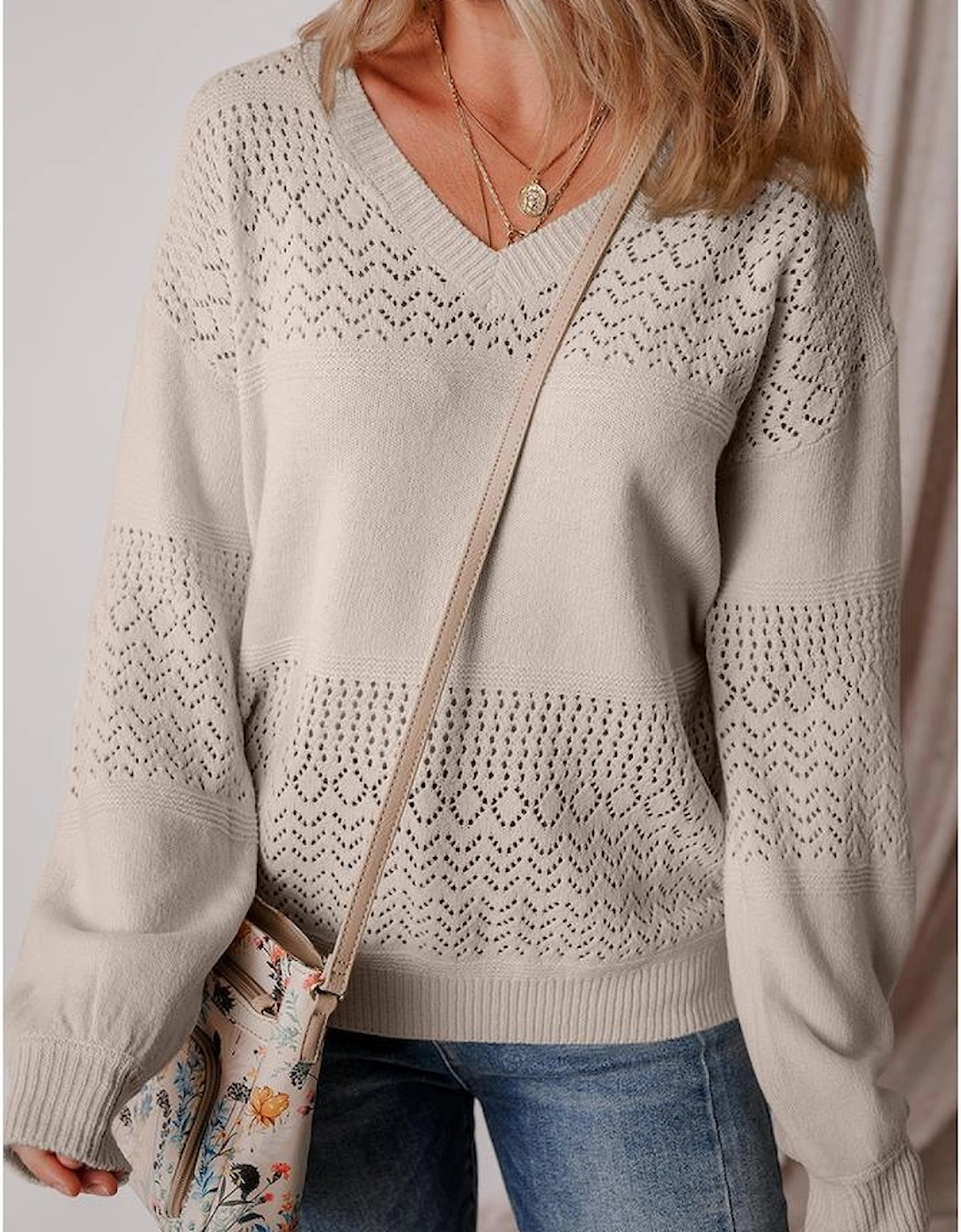 Brown Eyelet Pattern Detail V Neck Drop Shoulder Sweater